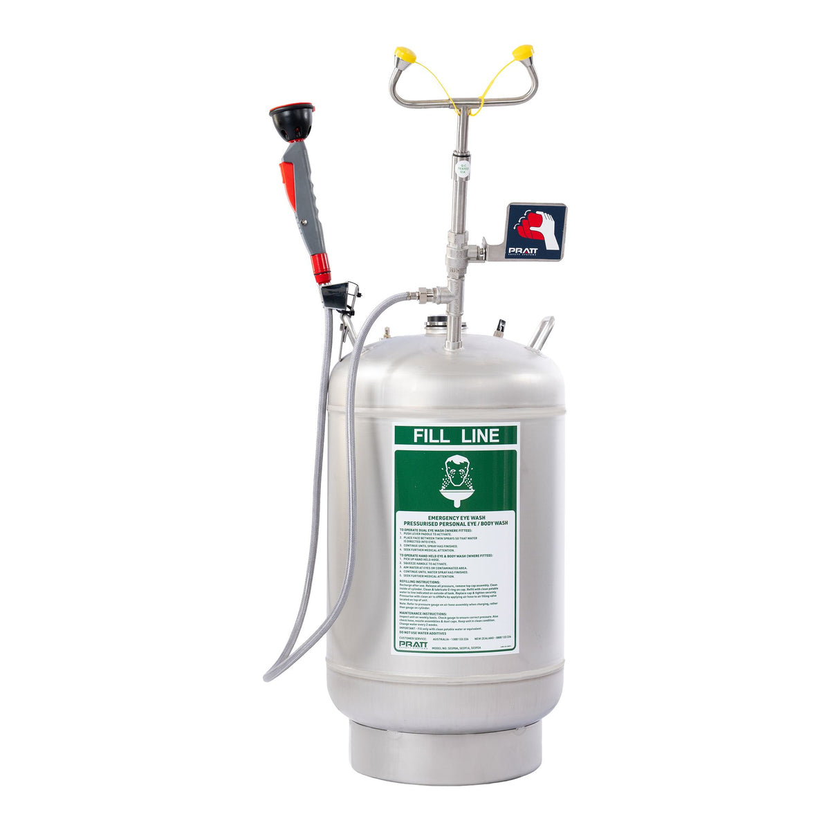 Pratt Portable Pressurised Eye And Body Wash With Hand Held Drench Hose. 45ltr Unit