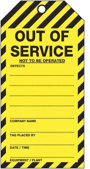 Out of Service Not To Be Operated - Cardboard Tags - Pkt of 25 - No String (75x160mm)