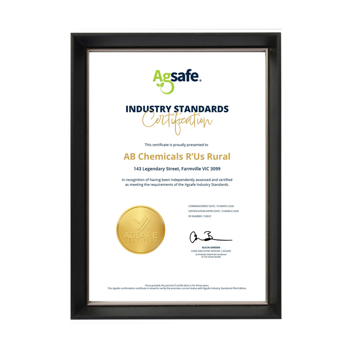Agsafe Industry Standards Framed Certification