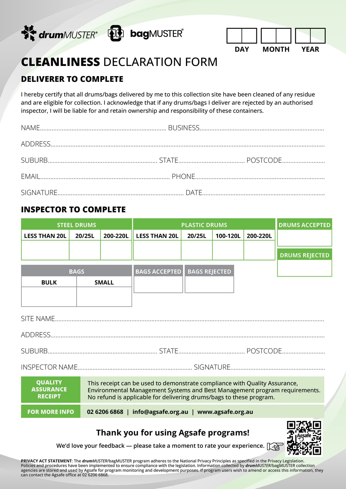 Cleanliness Declaration Form - MUSTER