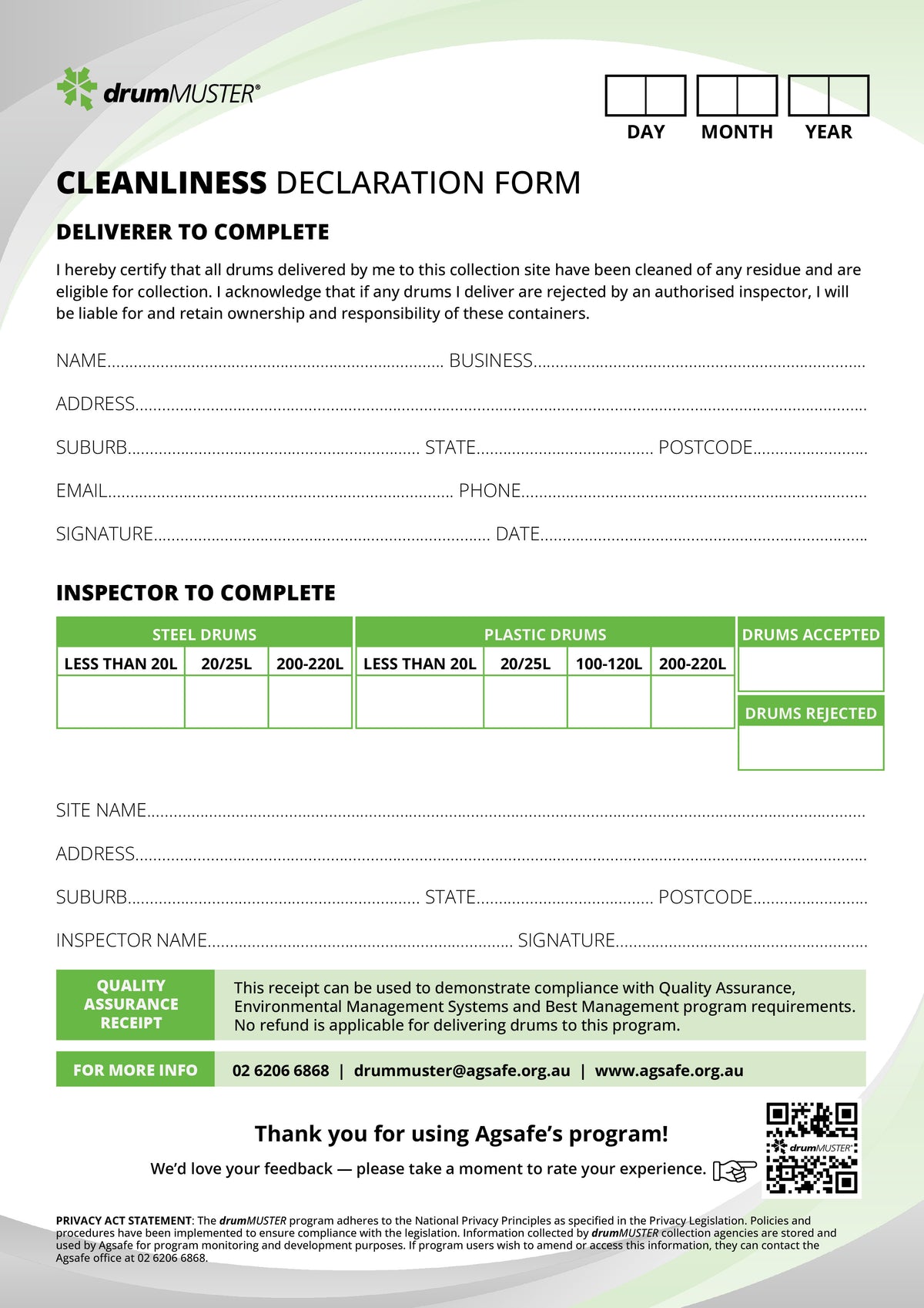 Cleanliness Declaration Form - drumMUSTER