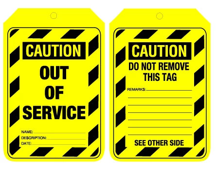 Caution Out of Service - Cardboard Tags - Pkt of 100 - Punched Hole/No String (90x140mm)